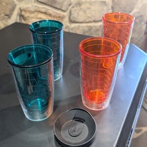 Set of Trevis Teal and Orange Tumblers  a Lid